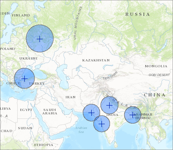 Zones tampon de 300 miles affichées dans différentes parties du monde. Zones tampon de 300 miles affichées dans différentes parties du monde.